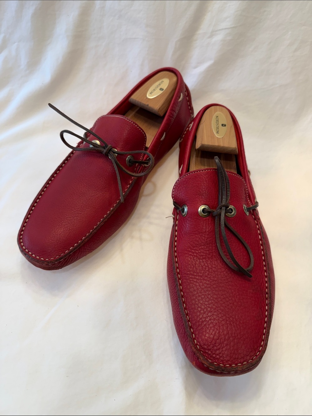 Prada Red Leather Men's Driving Moccasins with Dark Contrast Laces